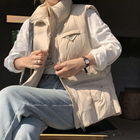 네모엔룩 여성용 덕다운하이넥 스터드 찡 절개 포켓 오리털 패딩 조끼 베스트 NL