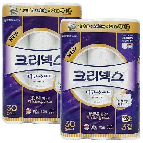 크리넥스 3겹 데코앤소프트 롤화장지, 30롤, 2팩