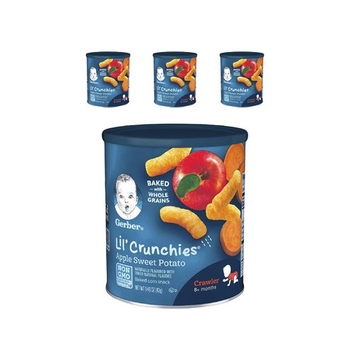거버 릴 크런키 베이크드 콘 스낵 어린이 곡물 과자 42g, 사과 + 고구마(Apple + Sweet Potato), 4개