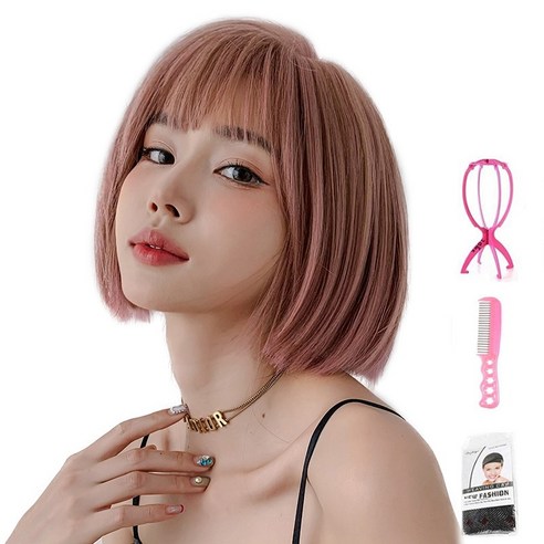 가발위드 스트레이트 단발 보보 통가발 러브핑크+가발걸이1개+가발전용빗1개+가발망1개 세트상품, 러브핑크, 1세트
