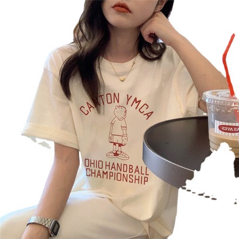 ANKRIC 심플 티셔츠 흰색 반팔 티셔츠 여성용 느슨한면 인쇄 여성용 티셔츠 여름 학생 캐주얼 탑