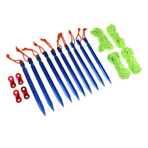 코드 텐셔너 조절기 및 보관 파우치 세트가있는 10 조각 텐트 못 말뚝 및 4mm 반사 가이 라인, 블루, 설명