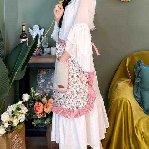 주방에 활짝 핀 꽃, 행주 하프 허리 꽃무늬 타올 앞치마