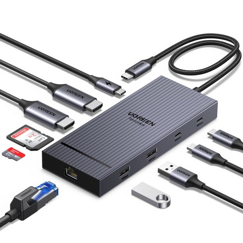 UGREEN 유그린 Revodok Pro 10포트 USB3.2 C타입 멀티허브 |삼성덱스 맥북 호환|듀얼 모니터 확장|4K60Hz|10Gbps|기가비트|SD카드 리더기|PD100W, 1개, Grey, CM886