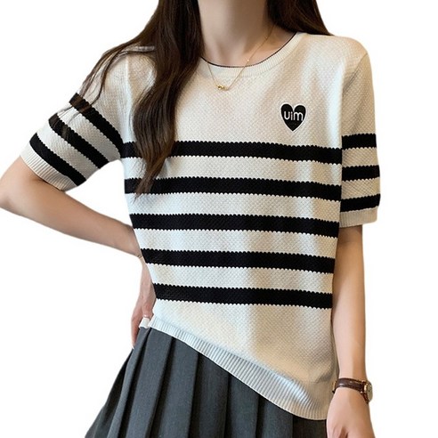도오빠 튜비야니 여성 반팔 니트 티셔츠 화이트 반소매 스웨터 스트라이프 라운드넥 여름 여자티셔츠