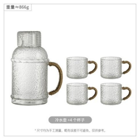 DFMEI 해머무늬 쿨 케틀 글라스 고온 대용량 물 2L 쿨 화이트 오픈 쿨 워터 보틀 콜드 케틀 내열 가정용, DFMEI 망치로 두른 냉각 주전자 + 물컵 4개, 특대형 2.3L 무료 4컵/마카롱 레드