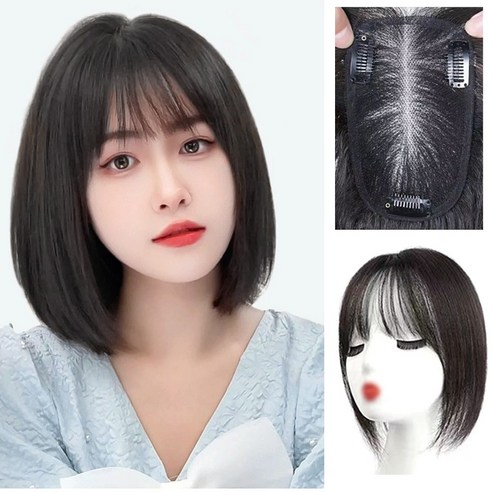 GBKING 수제 100% 인모가발 정수리 앞머리 가발 부분가발 가르마 가발 여자 부분가발 여성 인모가발, 9*10 앞머리, 1개, 자연검정