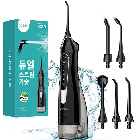코슬루스 휴대용 무선 구강세정기 물치실 IPX7급방수+5개노즐팁, 블랙