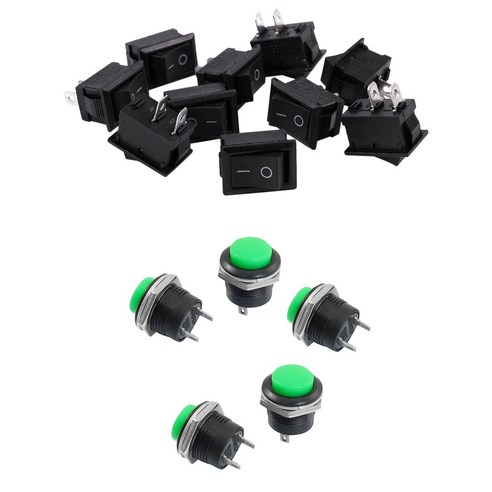 AFBEST 5 x 순간 spst 없음 녹색 라운드 캡 푸시 버튼 스위치 ac 250 v/3a 및 10 pcs 6a/250 v 10a/125 2 솔더 러그 켜기/끄기 미니 보트 로커, 보여진 바와 같이
