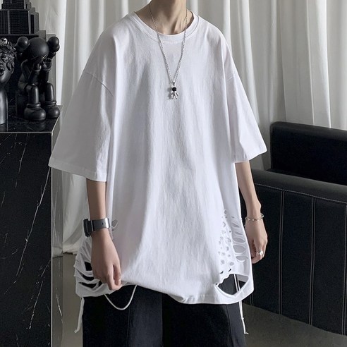 DFMEI 찢어진 티셔츠 남성 트렌디 모든 일치 의류 유행 브랜드 힙합 디자인 감각 틈새 여름 느슨한 반팔