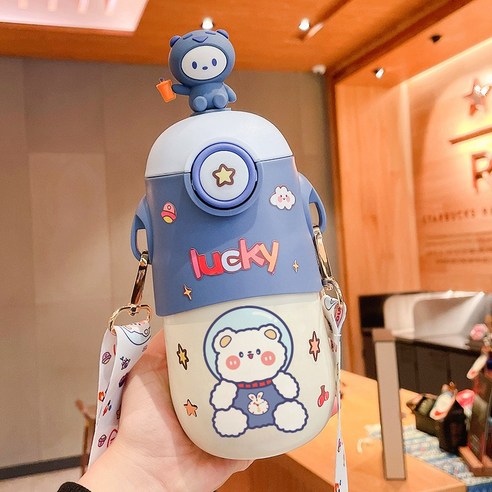 [LM] 500ml Kawaii 토끼 보온병 귀여운 스테인레스 스틸 보온병 물병 빨대와 절연 차가운 음료 컵, Blue A
