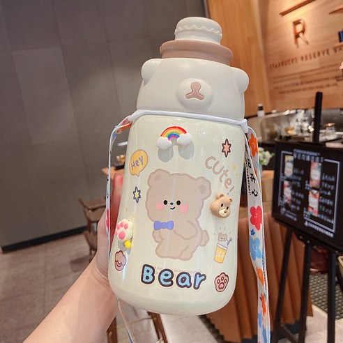 보온컵 여자 고안가 주전자 휴대용 야외 선녀 컵 배 빨대 물컵, 카색+스티커+액세서리+컵끈, 1130ml