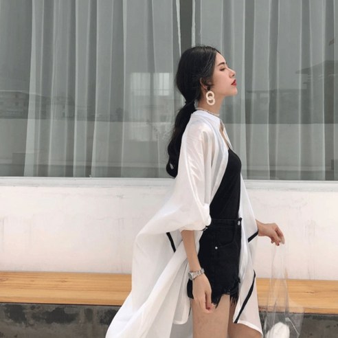 새로운 얇은 태양 보호 의류 여성의 중간 길이 느슨한 한국어 버전 여름 패션 외국 스타일 박쥐 소매 쉬폰 카디건
