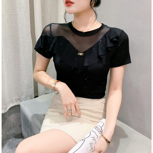 프릴 반짝이 여성 라인댄스복 재즈 스포츠 줌바 댄스 상의 티셔츠, 블랙