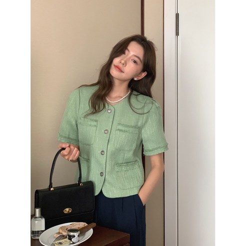 여성용 여름 트위드 노카라 반팔 싱글버튼 자켓