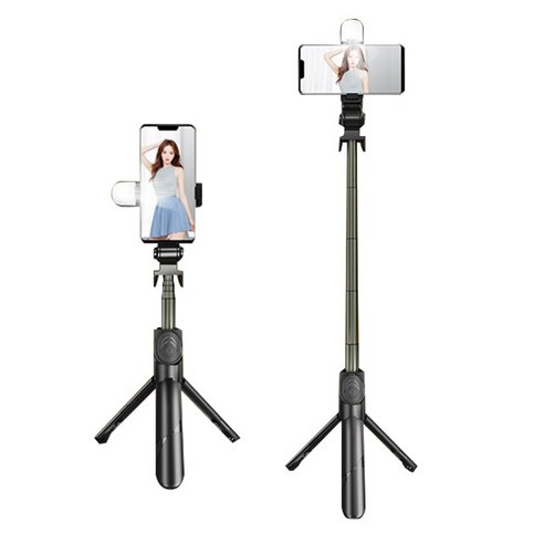 Elsecho 무선 블루투스 삼각대 셀카봉 필 라이트 포함 360도 회전이, 블랙+70cm