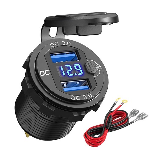 알루미늄 자동차 고속 충전기 QC3.0 듀얼 USB 스위치 버튼 포함 LED 전압 디스플레이 12V/24V 보트, Blue add wire