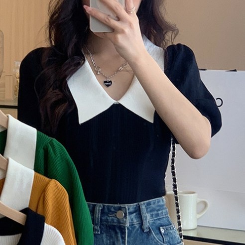 안녕릴리 여성 오버 카라 퍼프 슬리브 골지 티셔츠