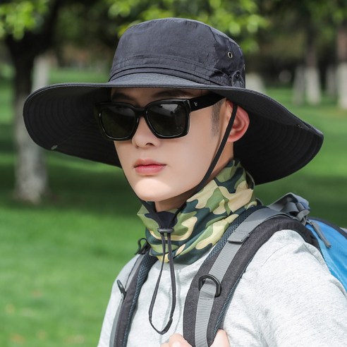 【등산모】낚시 모자 남자 태양 모자 여름 야외 모자 큰 브림 낚시 통기성 어부 모자 등산 모자, 블랙