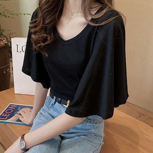 마켓에이 여성용 러블리 프릴 블라우스 13 여성 얇은 시원한 소매 러플 프릴 와이드 라운드넥 반팔 티셔츠