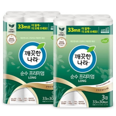 깨끗한나라 화장지 순수 프리미엄 천연펄프 3겹 33m 30롤 x 2팩, 2개, 30개