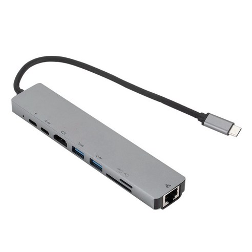 8 in1 USB C 허브 USB-C to type-c 2 USB 3.0 허브 4K HDMI RJ45 이더넷 어댑터 TF / 미니 SD 카드 리더가있는 MacBook 용 PD, 하나, 회색