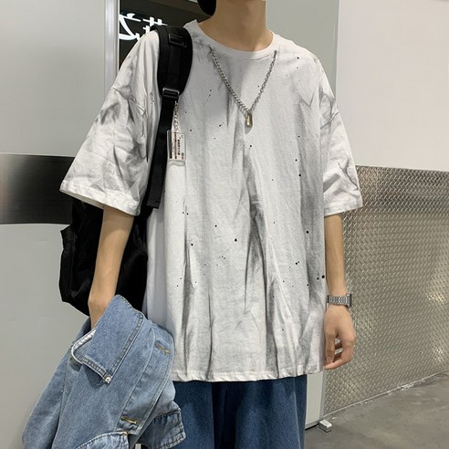 DFMEI 일본 다크 염색 반팔 티셔츠 남성 스트리트 힙합 느슨한 패션 캐주얼 디자인 커플 탑