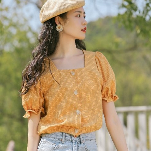 SU 여름 격자 무늬 버블 슬리브 사각형 칼라 셔츠 여성의 높은 허리 짧은 쇄골 인치 셔츠 디자인 감각 슬리밍 틈새