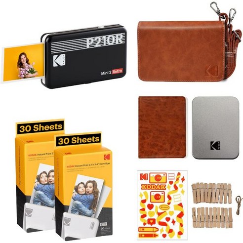 KODAK Mini 2 Retro 4PASS 휴대용 포토 프린터 2.1x3.4인치 이니셜 8매 + 60매 묶음 노란색, Accessory Gift Bundle_Black