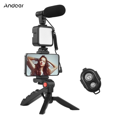 Andoer 휴대용 스마트폰 유튜브 촬영 장비 키트(삼각대 + D-05 마이크 + 셔터 리모콘 + LED 촬영 조명 + 스마트폰 거치대), KIT-01LM