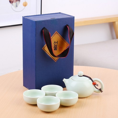 세라믹 핸드백 쿵푸 다기 세트 한 주전자 네 잔 휴대용 사은품, 청록색 시추 냄비 5개 세트