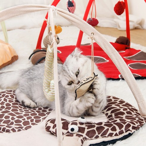 Runcats고양이 장난감 신형 모빌 텐트 고양이 침대 하우스 고양이집 접이식 고양이 용품 포함 깃털 쥐 물고기 장난감, 1개, 기린