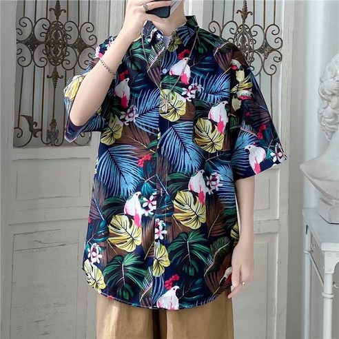 M-3XL 남성용 트로피컬 리프 프린트 패션 반팔 셔츠
