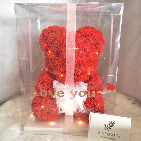 장미 곰돌이 로즈베어 플라워 기념일 선물 [ I Love you레터링+LED포함], 레드XL+잎카드, 1개
