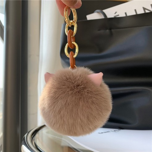 한국 ins 왕 홍 진 달 토끼 털 고양이 귀 자동차 열쇠 단추 걸개 귀엽다 털 가방 장식 털 공, 커피 색