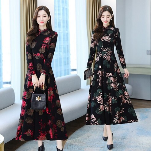 리얼 샷 Cheongsam 새로운 드레스 긴팔 드레스 중년 엄마 어린이 가을 겨울
