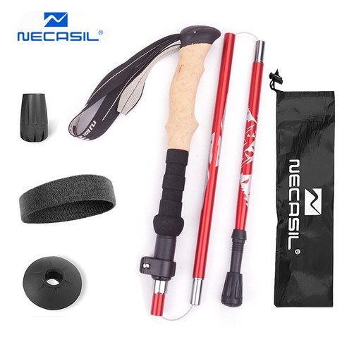 NECASIL 초경량 듀랄루민 5단 접이식 등산스틱 2p + 케이스, 레드, 105-125cm