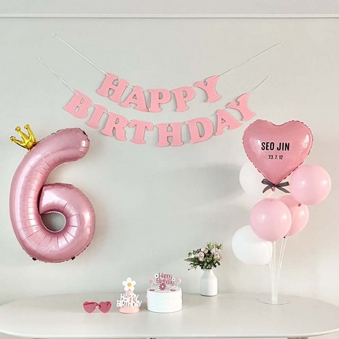 연지마켓 생일가랜드 생일 파티 용품 세트 숫자 하트 풍선 (자유레터링), 6, 1세트, 핑크