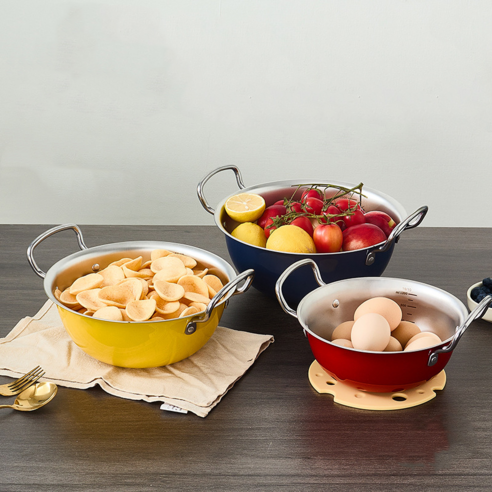 SMABAT 스텐 컬러 믹싱볼 3종세트 손잡이 믹싱볼 세트 샐러드 볼 채반 믹싱볼 2500ML+1800ML+1500ML, 5세트, 스텐 믹싱볼