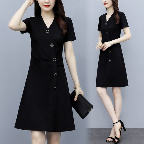 Mao햅번 스타일 블랙 V 넥 드레스 여성 여름 새로운 반팔 닫기 피팅 슬리밍 우아한 작은 블랙 드레스