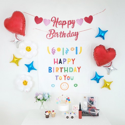 지에이엠 레드 블링 펄가랜드 현수막 풍선 생일파티 풀세트(공기주입기 생일안경 생일머리띠 포함), 1세트, 윙크스마일 현수막 풀세트