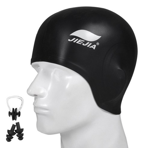 [SW] 수영 모자 성인용 방수 귀 보호 수영 모자 코 클립 및 귀마개 포함 여성용 남성 여름 수영장 입욕 모자, Black