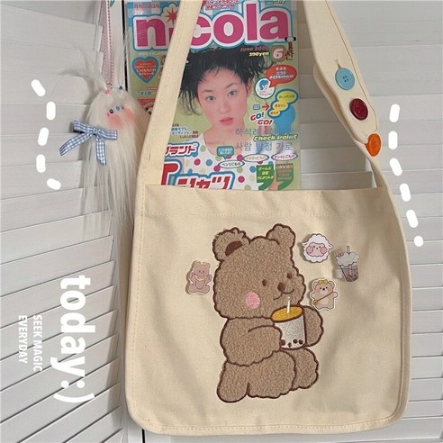 일본 하라주쿠 귀여운 곰 고대 스타일 소녀 메신저 가방 한국어 스타일 소프트 소녀 학생 캔버스 가방
