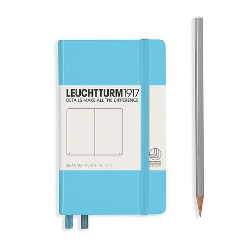 로이텀 LEUCHTTURM1917 - 노트북 하드커버 포켓 A6-187 필기 및 저널링용 번호 페이지 (오렌지 유선) 449535, Plain, 아이스 블루, 아이스 블루