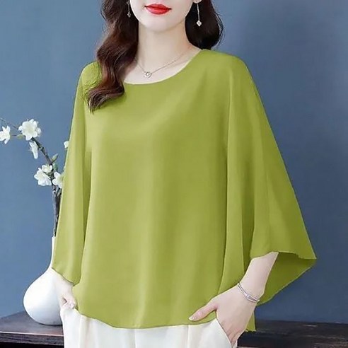 ROYALBELLE 여성 가오리핏 쉬폰 블라우스 라운드넥 반팔 단색 상의 데일리룩 V61011