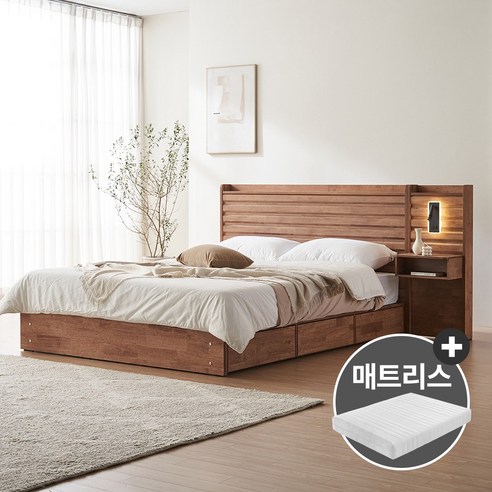 핀란디아 딜라이 원목 호텔식 수납 퀸침대Q+40T라텍스매트리스+LED조명협탁, 단품