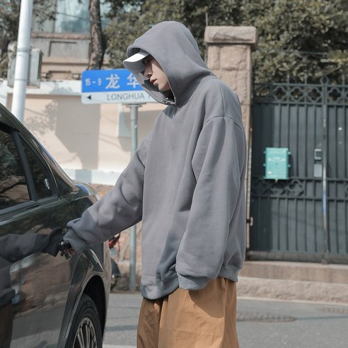 가을과 겨울 두꺼운 양털 안감 더블 레이어 후드 느슨한 스웨터 남자 패션 브랜드 의류 모든 경기 솔리드 컬러 코트 캐주얼 코트