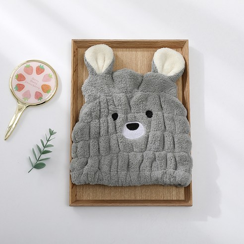 산호 양털 흡수제 빠른 건조 헤어 캡 극세사 빨리 드라이 고급형, 캐릭터 곰돌이 모자, 엷은 회색