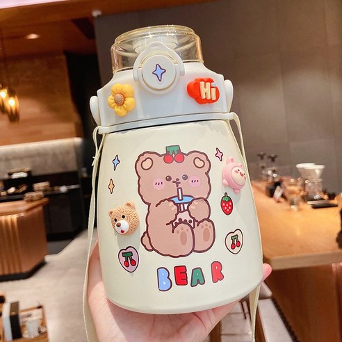 DFMEI 배불뚝이 텀블러 여요미 물컵 대용량 고안치 스테인리스컵 빨대망 레드 주전자, 화이트 + 무작위 스티커 + 임의의 액세서리, 1000ml