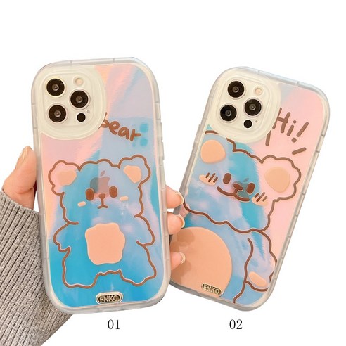 iPhone 13 13peomax 12 12pro 11 만화 곰 레이저 둥근 모서리 낙하 방지 투명 휴대폰 케이스